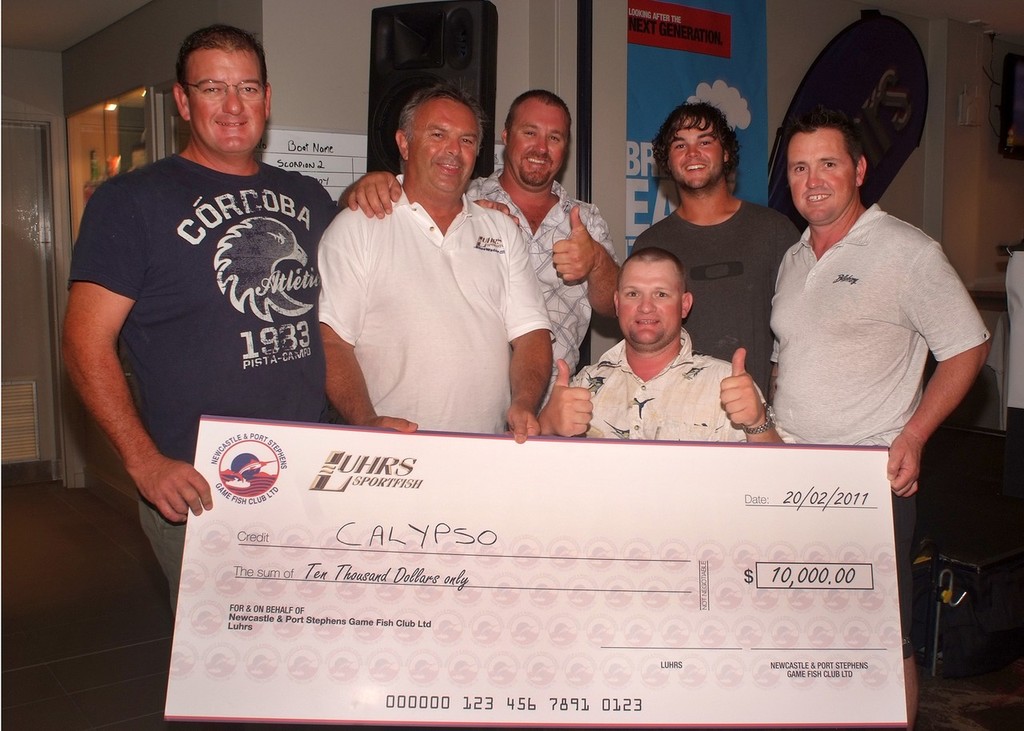 ’Calypso’ team wins Champiojn Tag and Release at the Luhrs Billfish Shootout - left to right, Captain Tim Dean, Luhrs’ Tony Poole, Barry Fogg, Gary Ward (seated), Jye Clayden and Judd Westling. © BlueWater Power Yachts